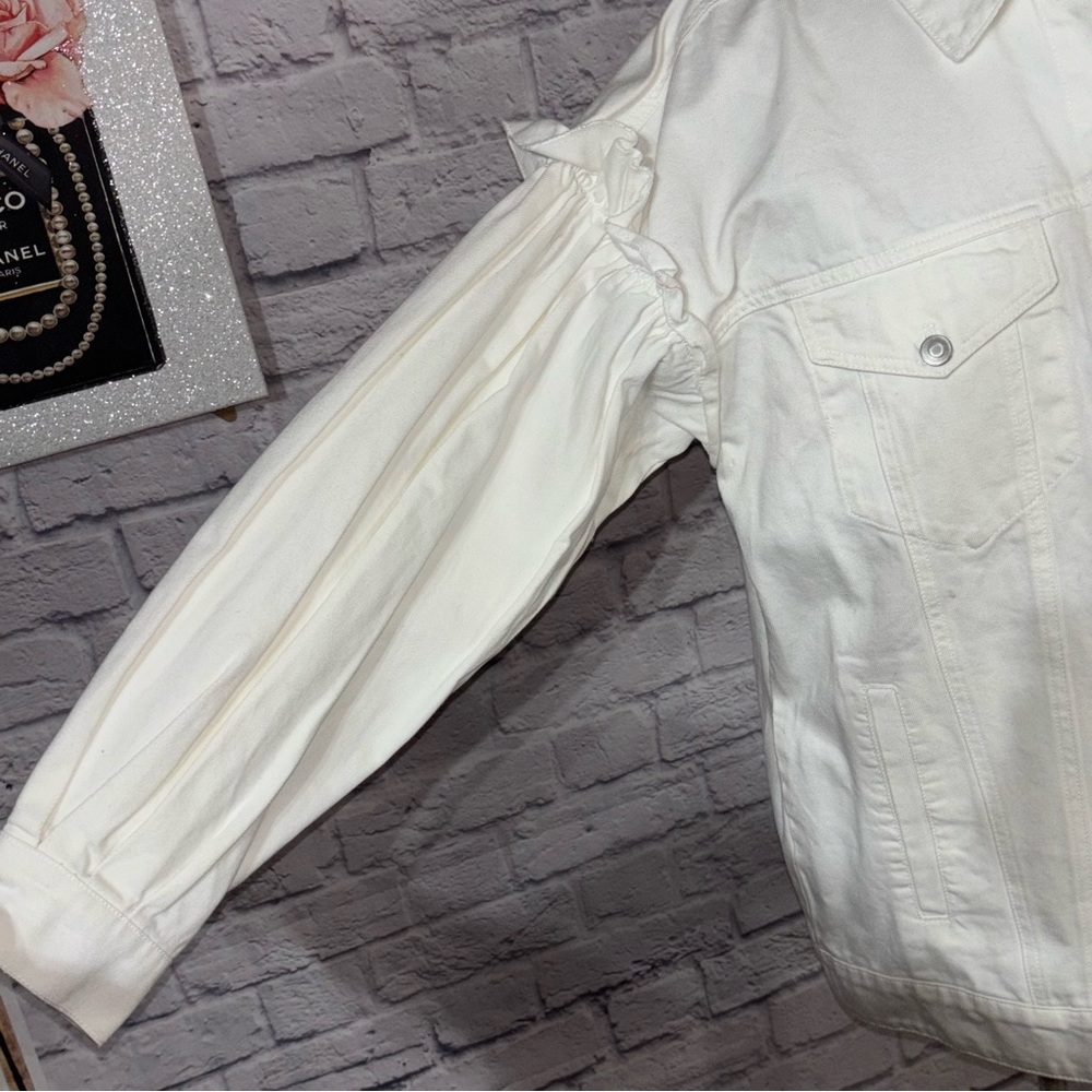 Anthropologie Avec Les Filles White Ruffled Puff Sleeve Oversized Denim Jacket - Picture 7 of 9